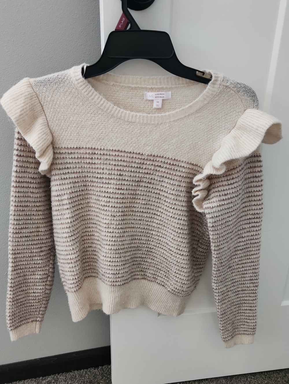 LC Lauren Conrad Cream and Taupe Ruffle-Shoulder Crew Sweater